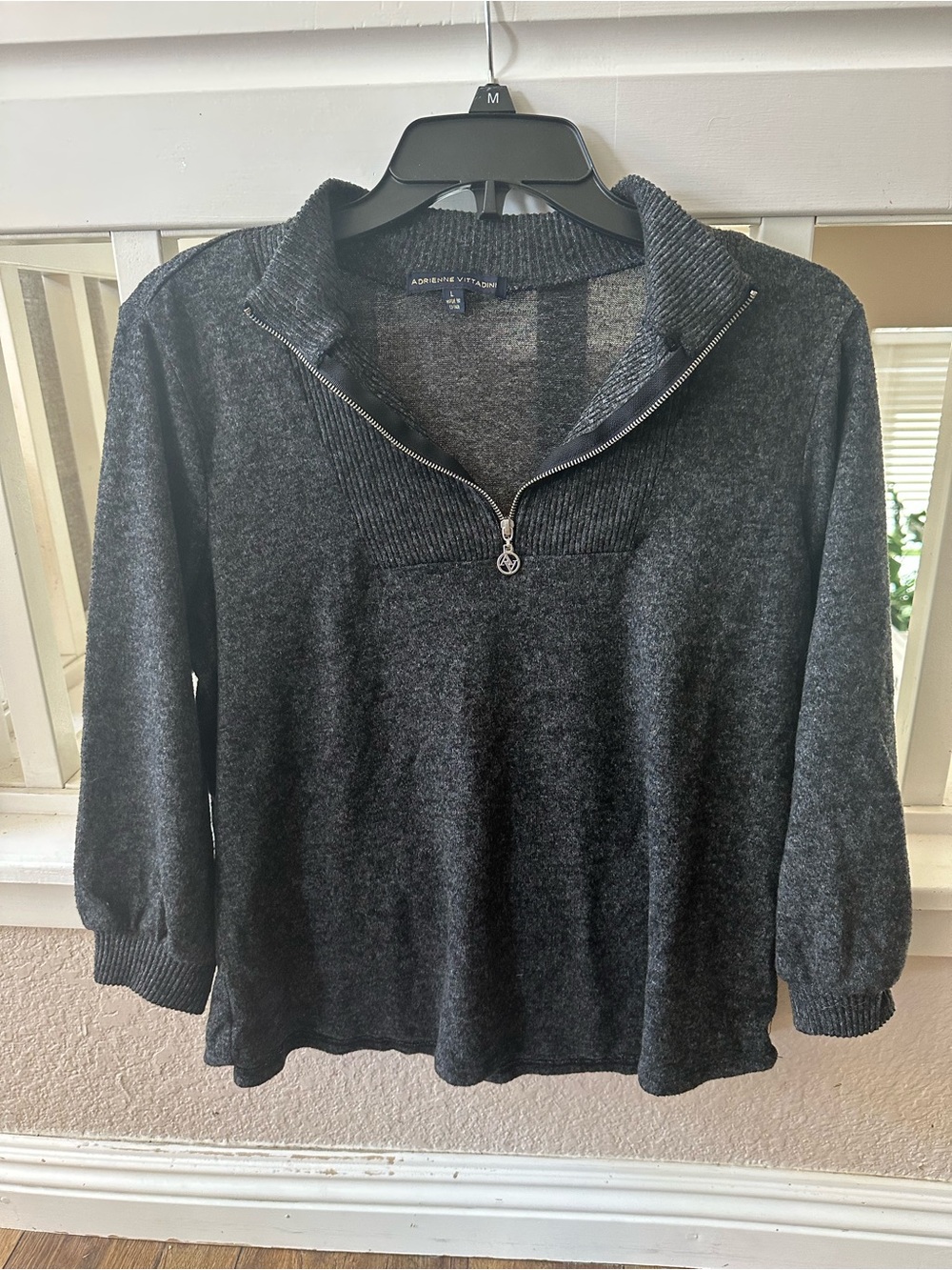 Adrienne Vittadini 3/4 Sleeve Gray Sweater with 1/4 Zip. Size Large.